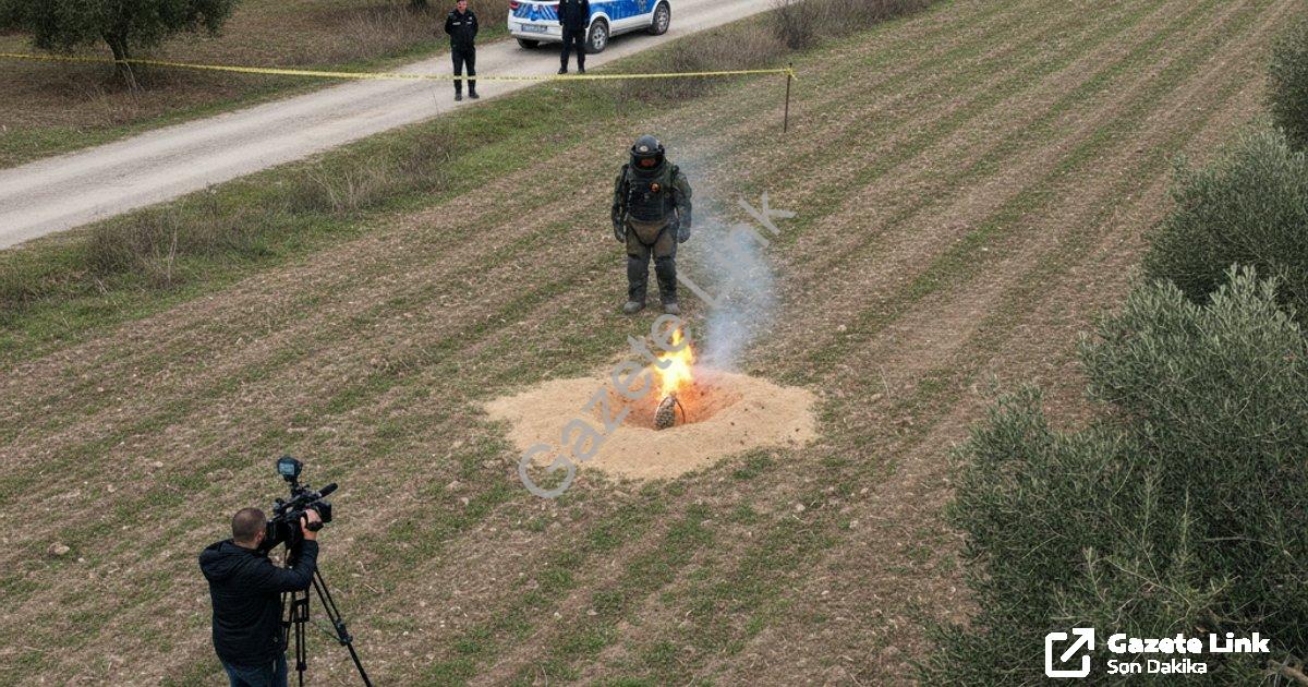 "İzmir Tire’de tarlada bulunan el bombası güvenle imha edildi" başlıklı haber için fotorealistik, pr