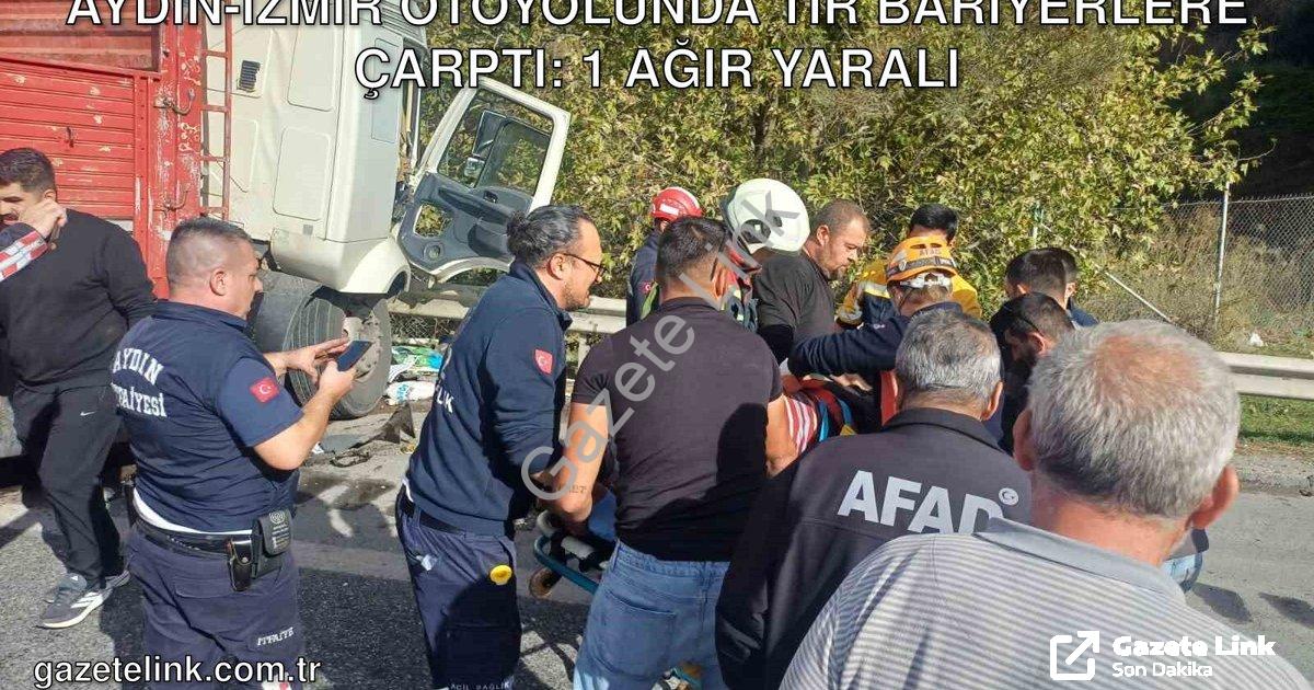 "Aydın-İzmir otoyolunda TIR bariyerlere çarptı: 1 ağır yaralı" başlıklı haber için fotorealistik, pr